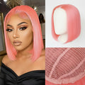 Wear and Go Glueless Pink Bob Wig Human Hair 5x5 Glueless Pre Plucked Pre Cut Light Pink Lace Front Wig Human Hair for Black Women Short Straight Bob Wigs HD Transparent Lace Closure Wigs 12In 180%