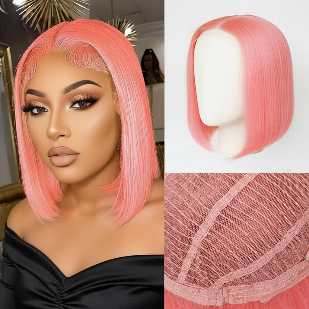 Wear and Go Glueless Pink Bob Wig Human Hair 5x5 Glueless Pre Plucked Pre Cut Light Pink Lace Front Wig Human Hair for Black Women Short Straight Bob Wigs HD Transparent Lace Closure Wigs 12In 180%